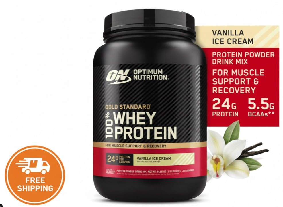 Optimum Nutrition Gold Standard 100% Whey Protein Powder, Vanilla Ice Cream, 1.5 lb (682g), 22 Servings