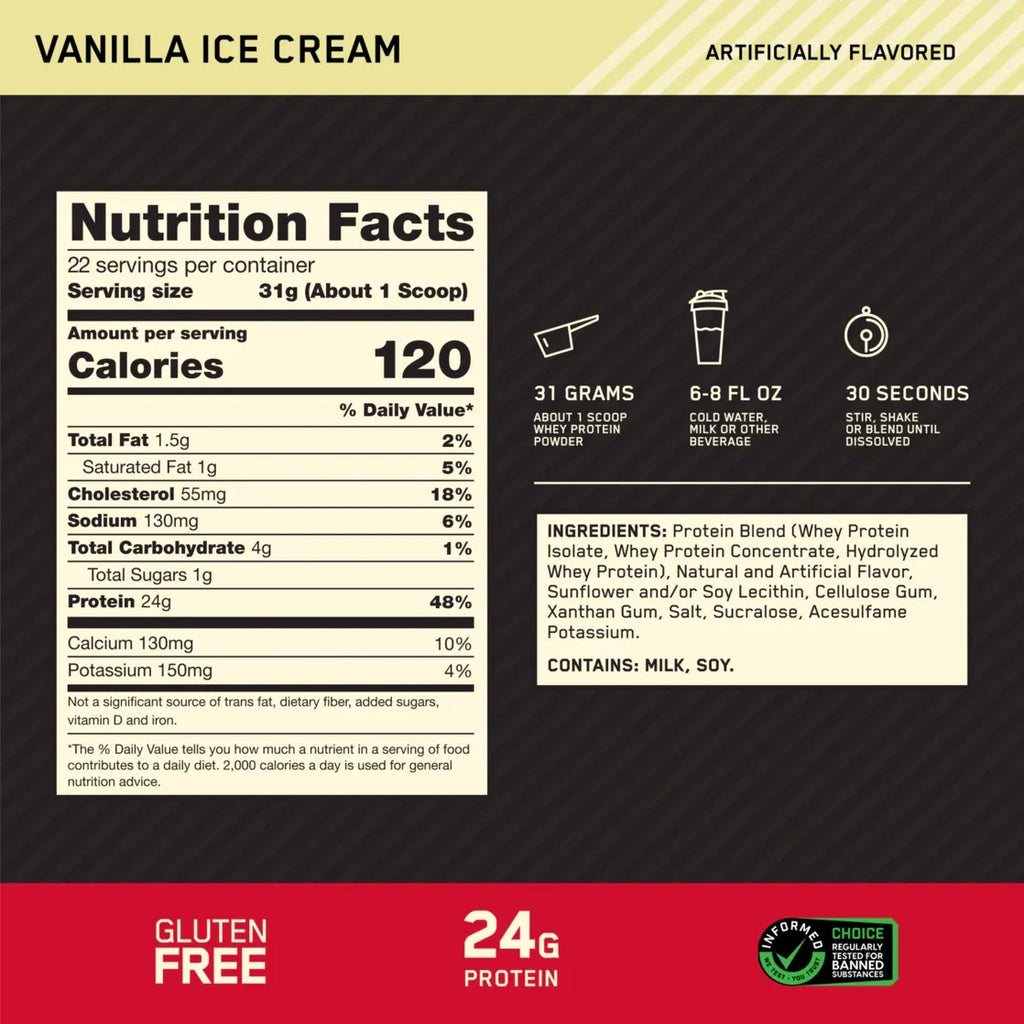 Optimum Nutrition Gold Standard 100% Whey Protein Powder, Vanilla Ice Cream, 1.5 lb (682g), 22 Servings