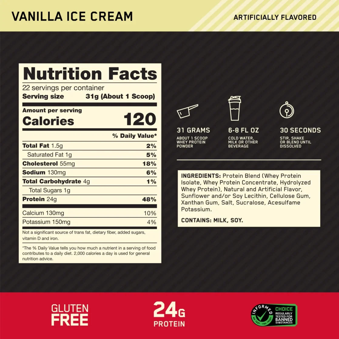 Optimum Nutrition Gold Standard 100% Whey Protein Powder, Vanilla Ice Cream, 1.5 lb (682g), 22 Servings