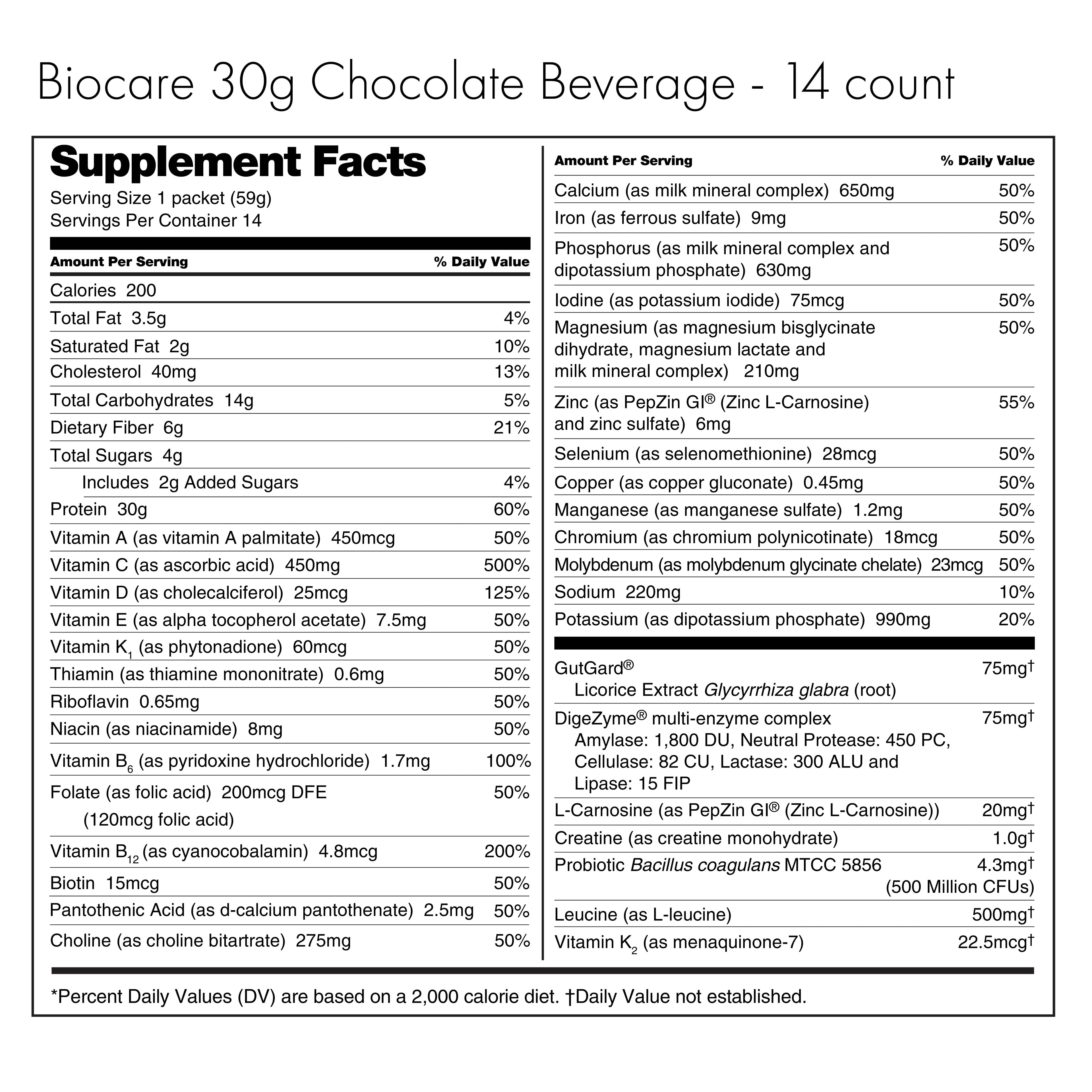 30G Protein Chocolate Biocare Dietary Beverage (14-Count)