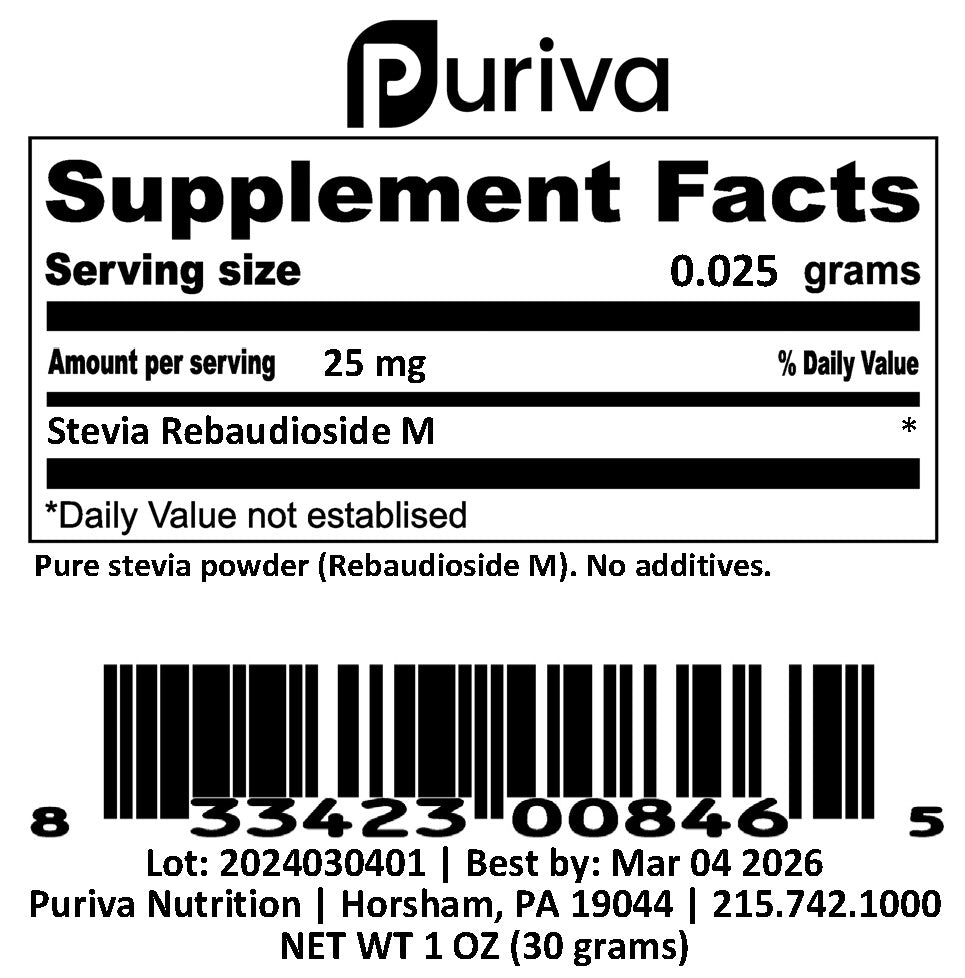 Stevia Reb M powder, (Reb-M | Rebaudioside M), 30 grams | 1,000 servings, Puriva Nutrition